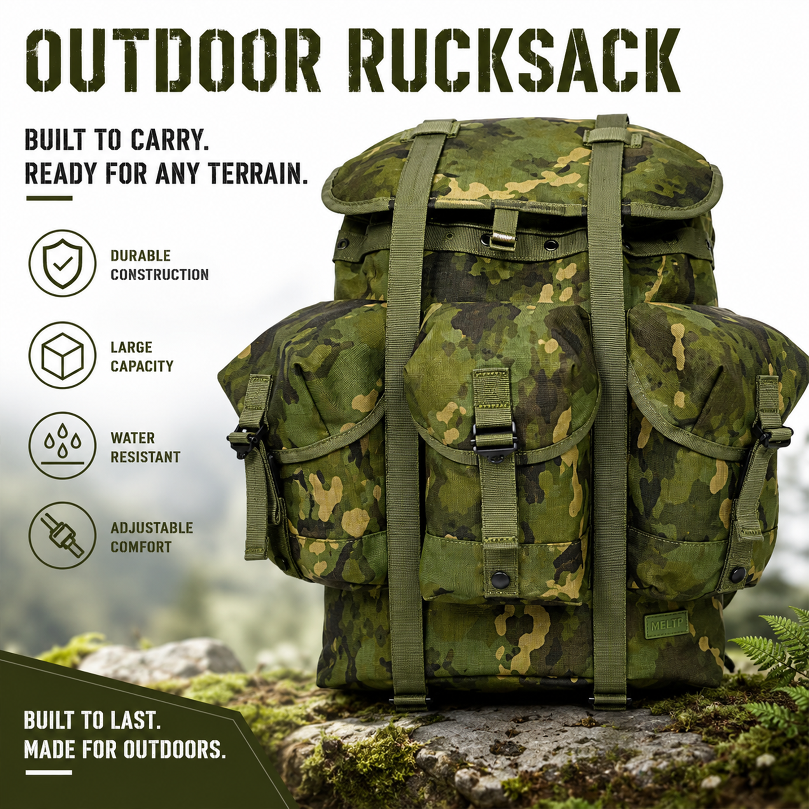 Rucksack Military Style - Rainforest Camo Outdoor Backpack with External